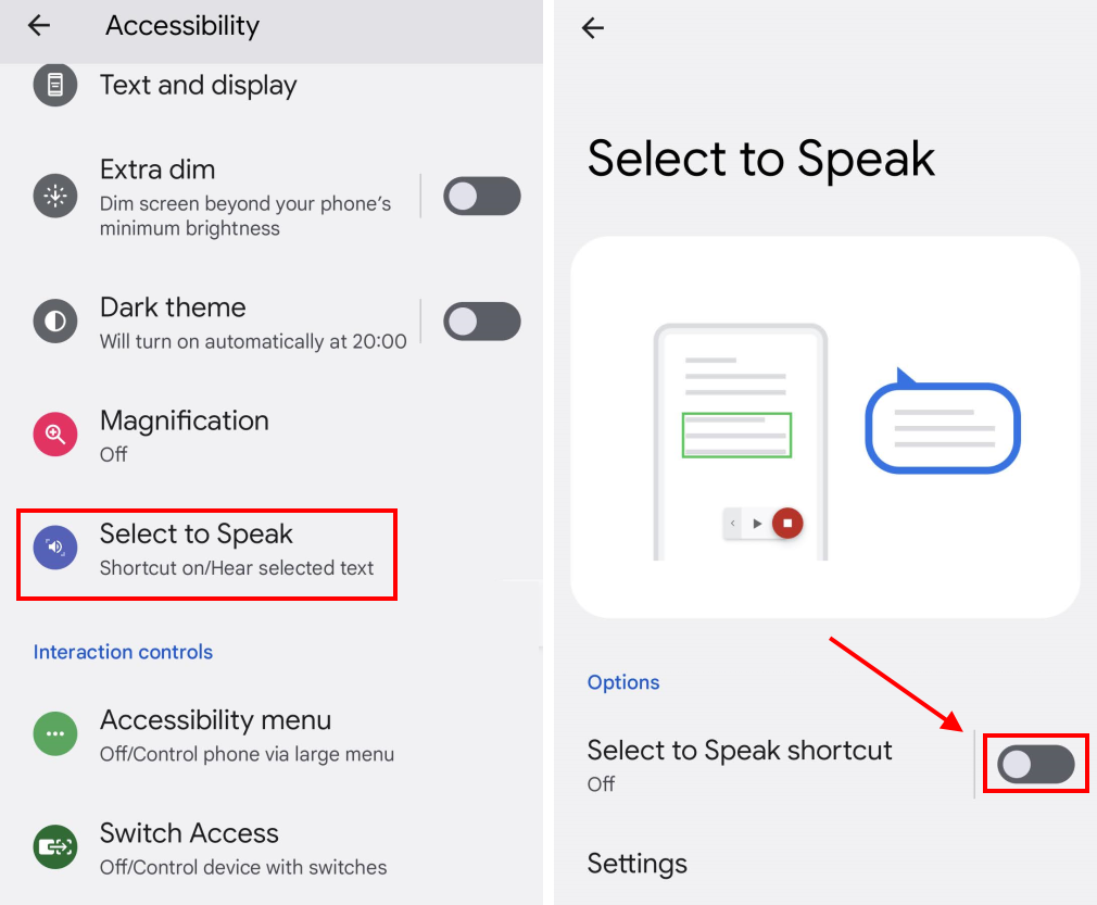 Tap Select to Speak then the toggle switch for Select to Speak shortcut to turn it on